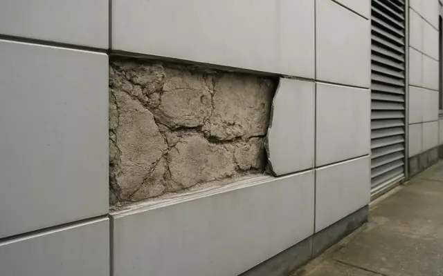 An emergency exit doorway blocked by stacked boxes and debris