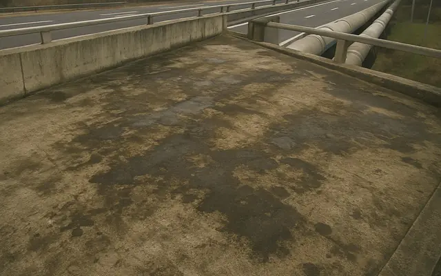 An oil and water spill spreading across a concrete factory floor