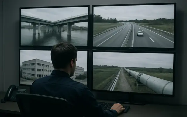 Operators in a modern safety control room verifying alerts on a video wall