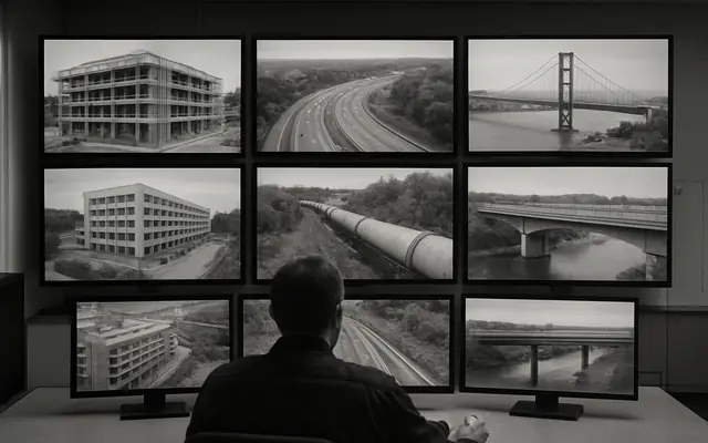 A wall monitor showing a live safety operations dashboard with charts and camera tiles