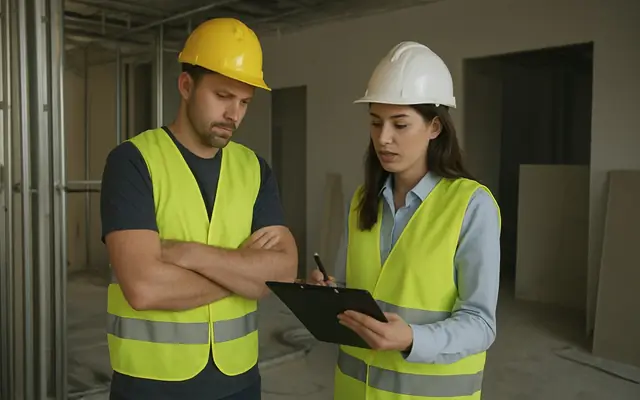 A worker at the unprotected edge of a high concrete slab without a fall-arrest harness