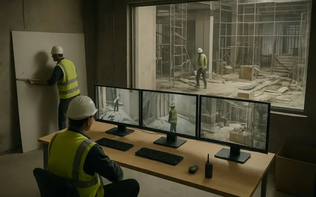 A wall monitor showing a live safety operations dashboard with charts and camera tiles