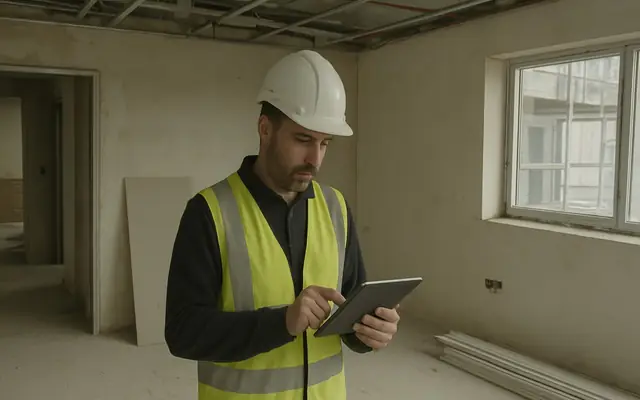 Outdoor workers under harsh midday sun with a heat-stress overlay, poor-practice and compliance monitoring