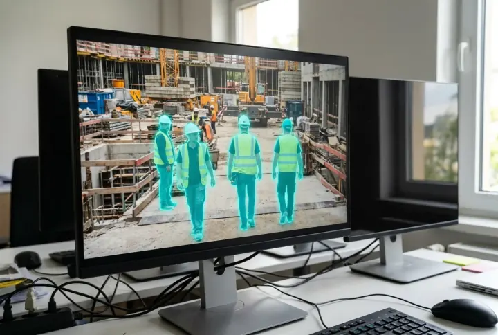 A monitor showing workers segmented by AI masks on a live site feed
