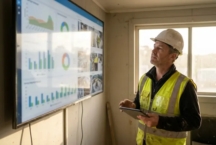 An HSE manager viewing a wall dashboard of site safety KPIs