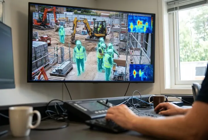 AI video analytics highlighting workers on a live control-room feed