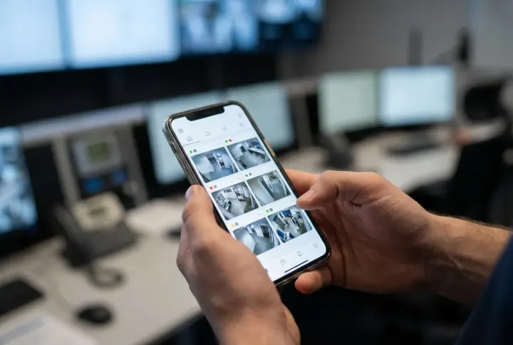 A unified safety app on a phone showing every connected camera and device