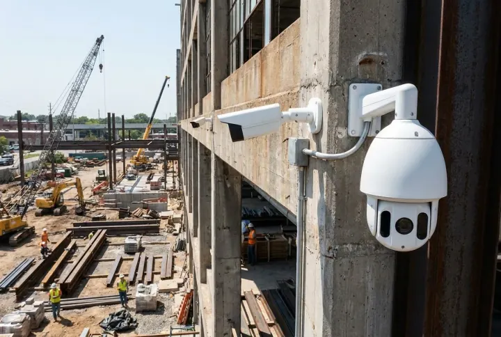 Existing fixed and PTZ CCTV cameras on an industrial building