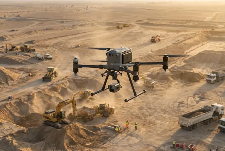A survey drone flying over a construction site