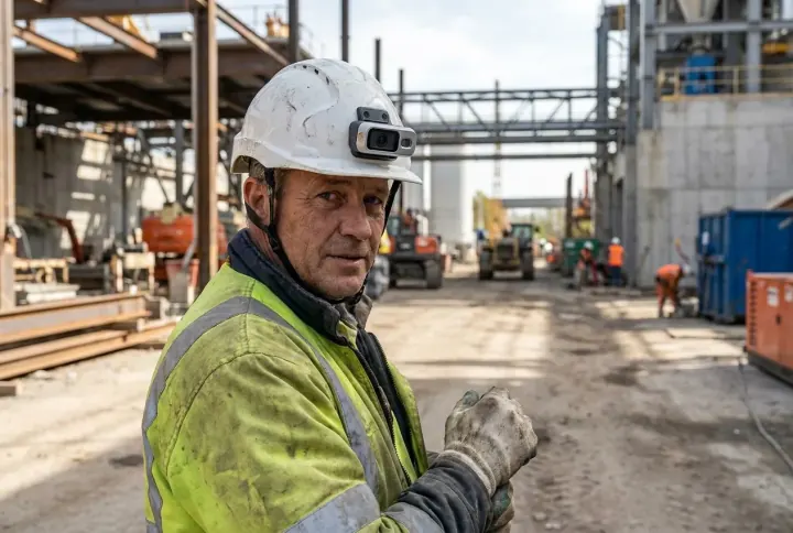 A worker wearing a smart safety helmet with an on-board camera
