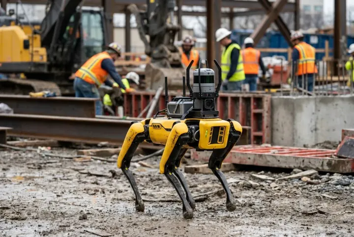 An autonomous quadruped robot dog patrolling an industrial site
