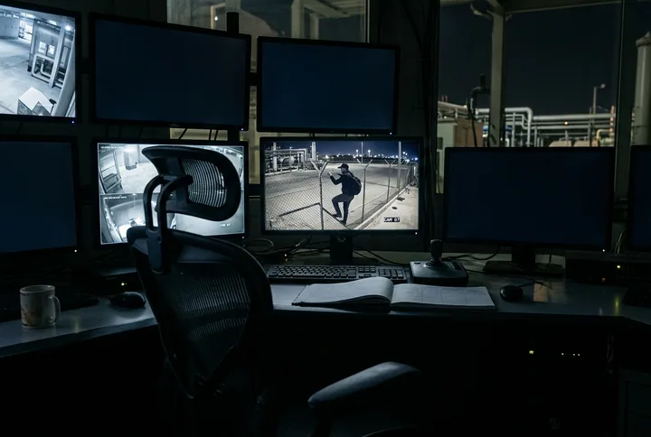 An unattended CCTV desk at night as an intruder appears on screen
