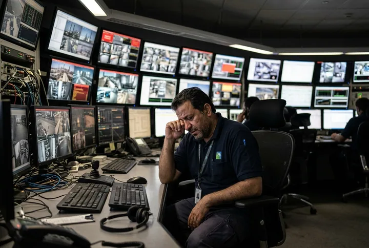 A weary operator facing a wall of flashing false-alarm monitors