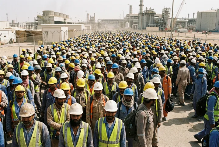 A dense crowd of workers at a muster point with no headcount