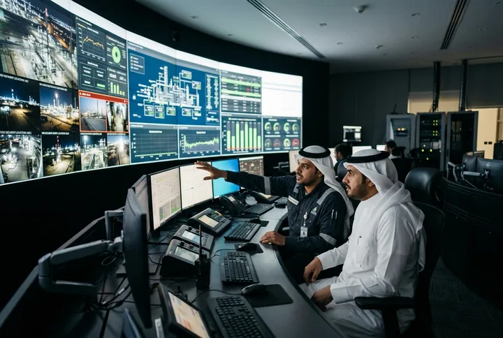 Operators verifying alerts on a video wall in a security control room