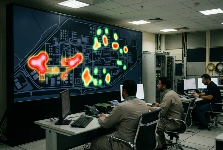 A control-room map screen with colour-coded security risk zones
