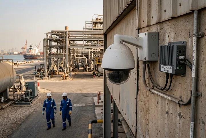 A CCTV dome camera with a small edge-AI box mounted beside it
